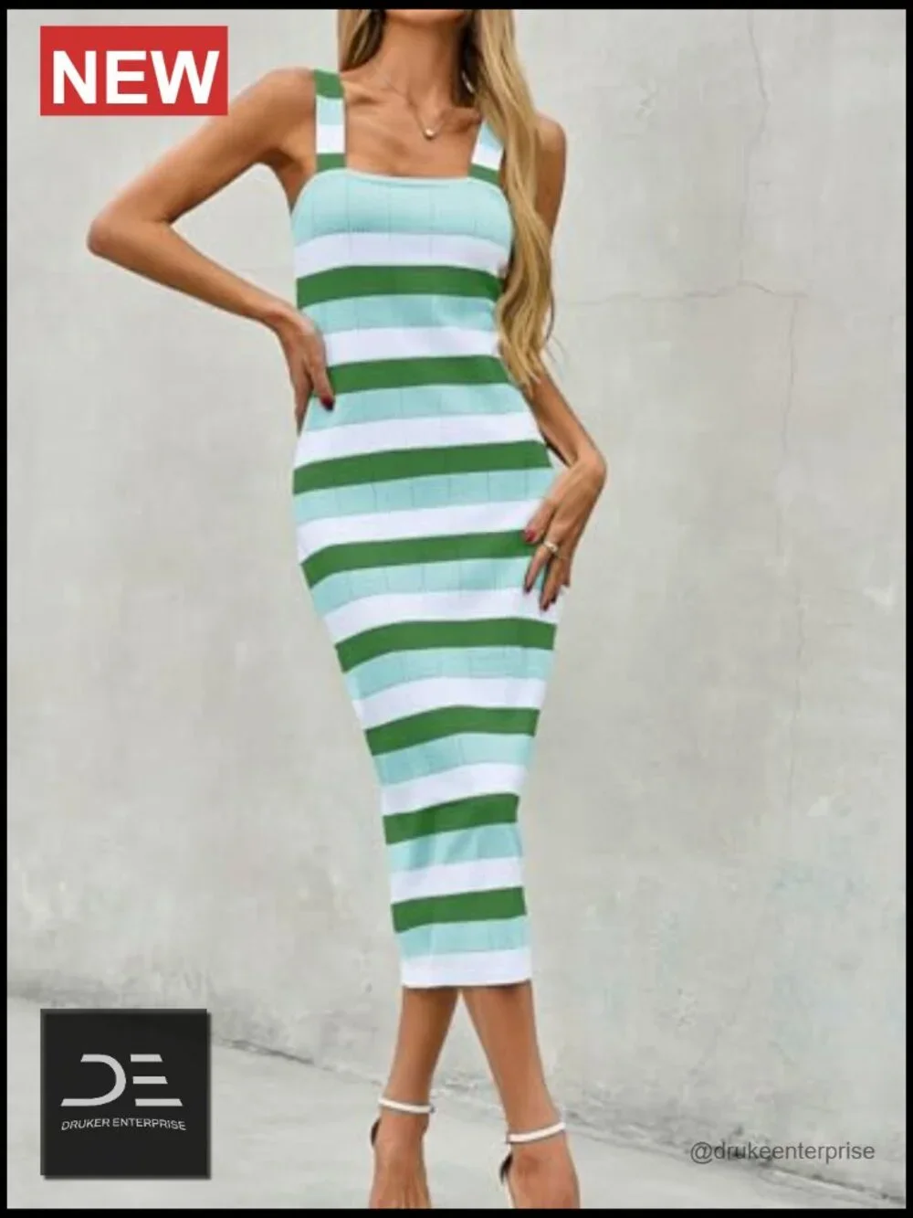 Striped Square Neck Sleeveless Bodycon Knit Midi Dress